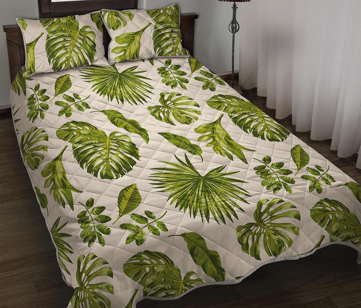Light Tropical Leaf Pattern Print Quilt Bed Set