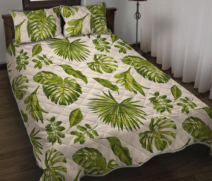 Light Tropical Leaf Pattern Print Quilt Bed Set