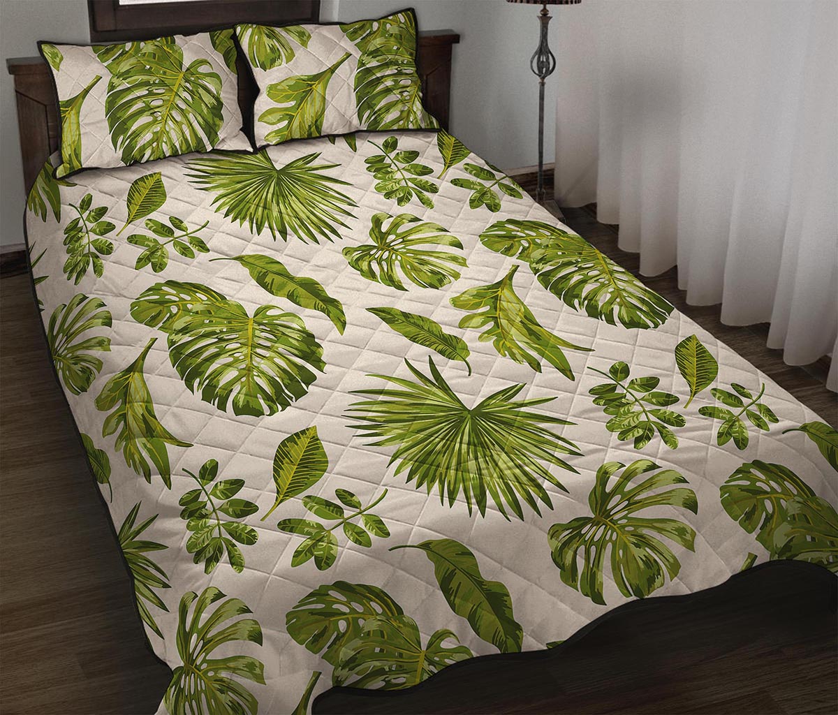 Light Tropical Leaf Pattern Print Quilt Bed Set