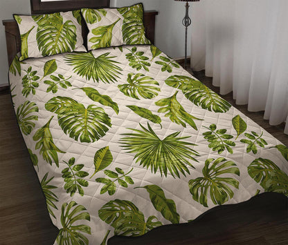 Light Tropical Leaf Pattern Print Quilt Bed Set