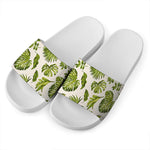 Light Tropical Leaf Pattern Print White Slide Sandals