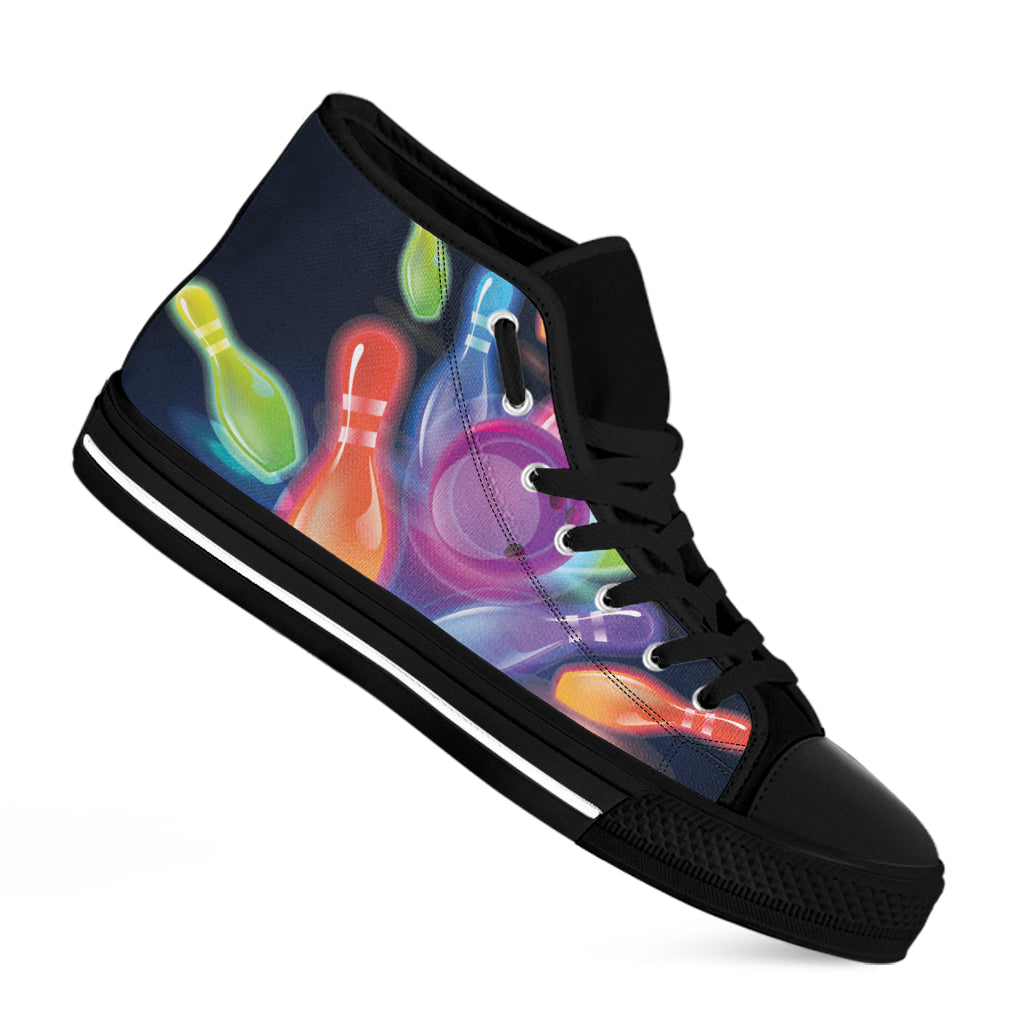 Light Up Bowling Pins Print Black High Top Shoes