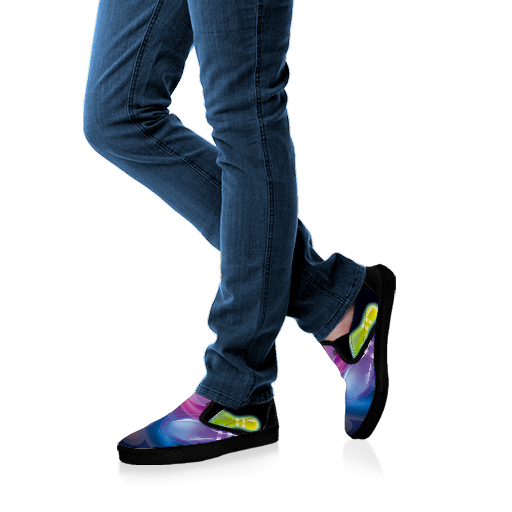 Light Up Bowling Pins Print Black Slip On Shoes