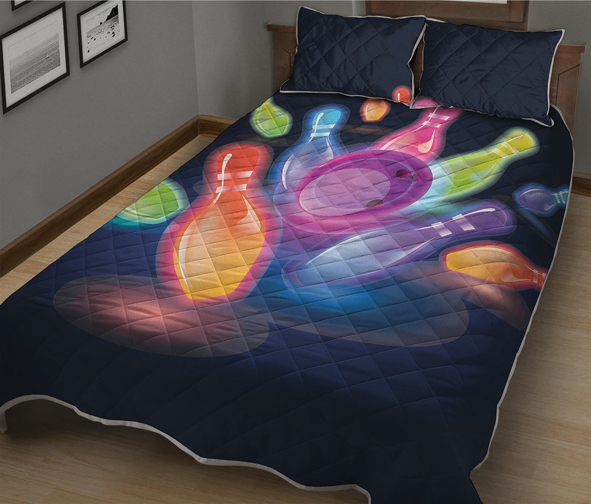 Light Up Bowling Pins Print Quilt Bed Set
