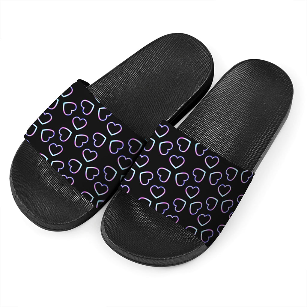 Lights Heart Pattern Print Black Slide Sandals