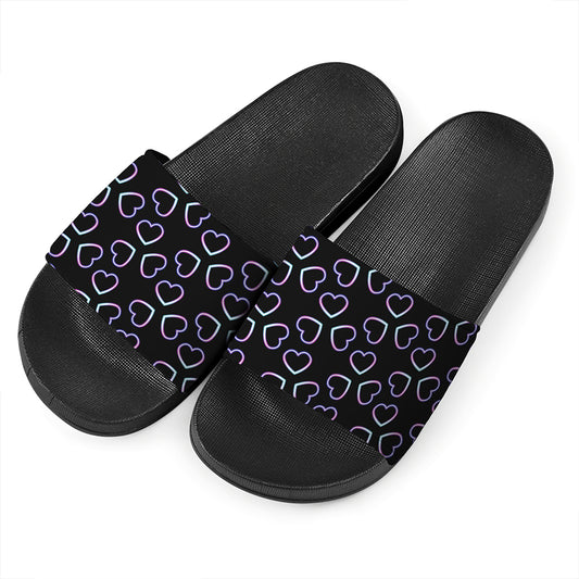Lights Heart Pattern Print Black Slide Sandals