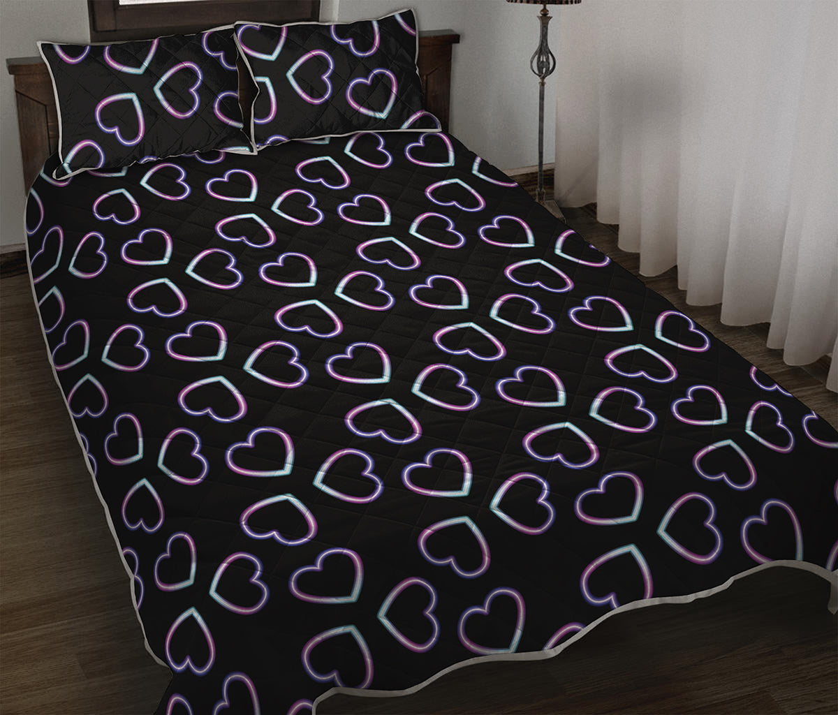 Lights Heart Pattern Print Quilt Bed Set