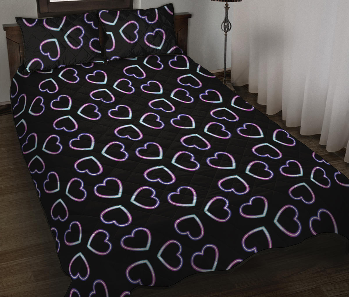 Lights Heart Pattern Print Quilt Bed Set