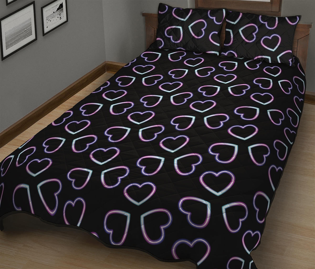 Lights Heart Pattern Print Quilt Bed Set