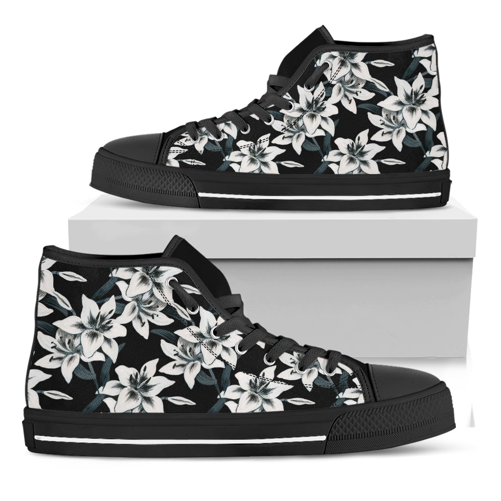 Lily Floral Pattern Print Black High Top Shoes