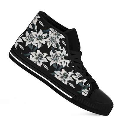 Lily Floral Pattern Print Black High Top Shoes