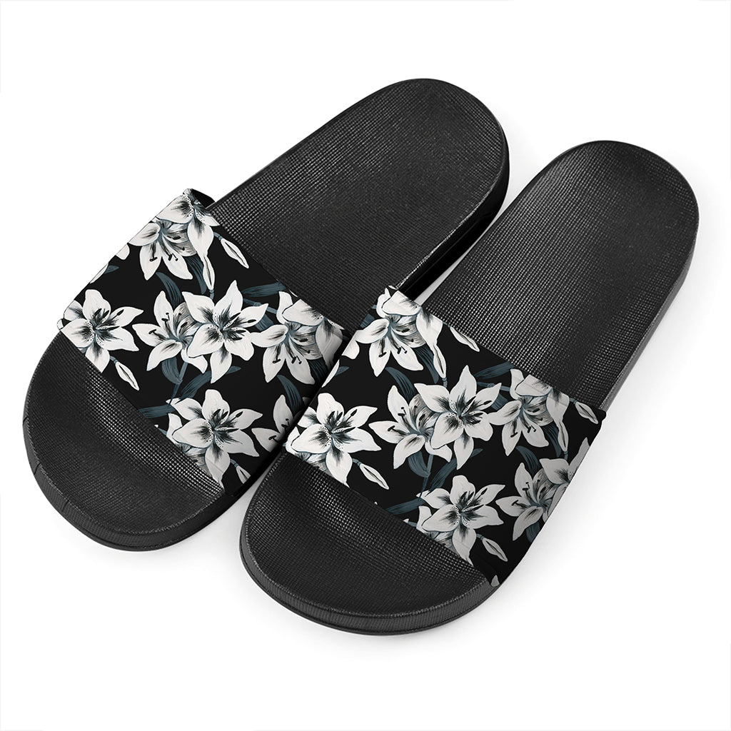 Lily Floral Pattern Print Black Slide Sandals