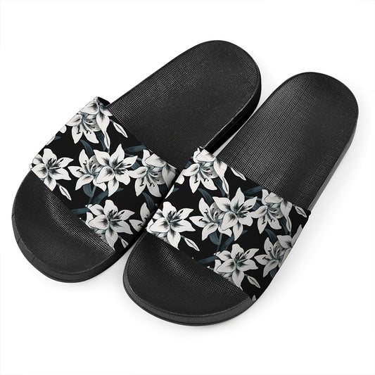Lily Floral Pattern Print Black Slide Sandals