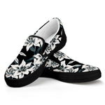 Lily Floral Pattern Print Black Slip On Shoes