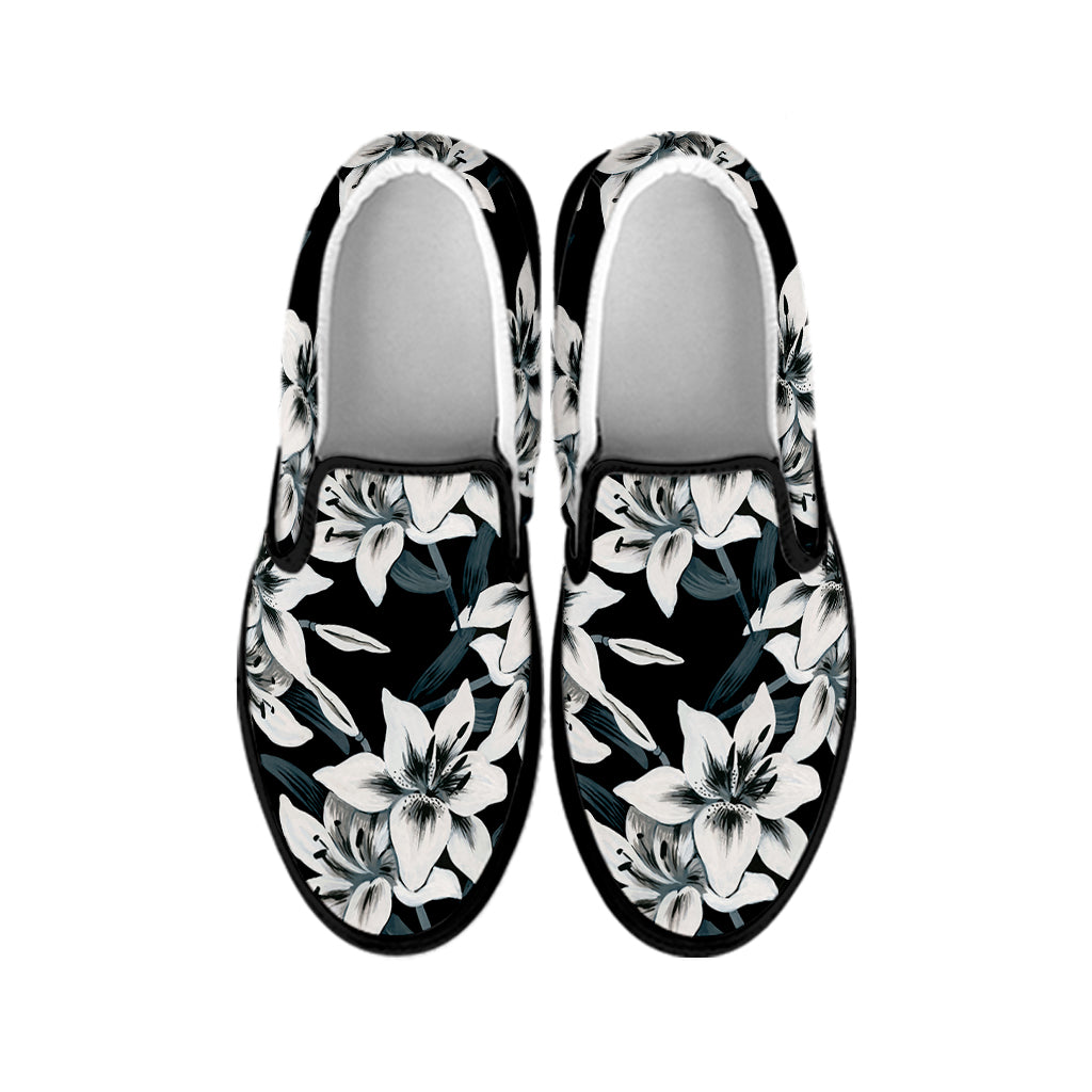 Lily Floral Pattern Print Black Slip On Shoes