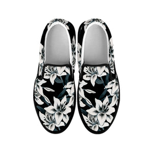 Lily Floral Pattern Print Black Slip On Shoes