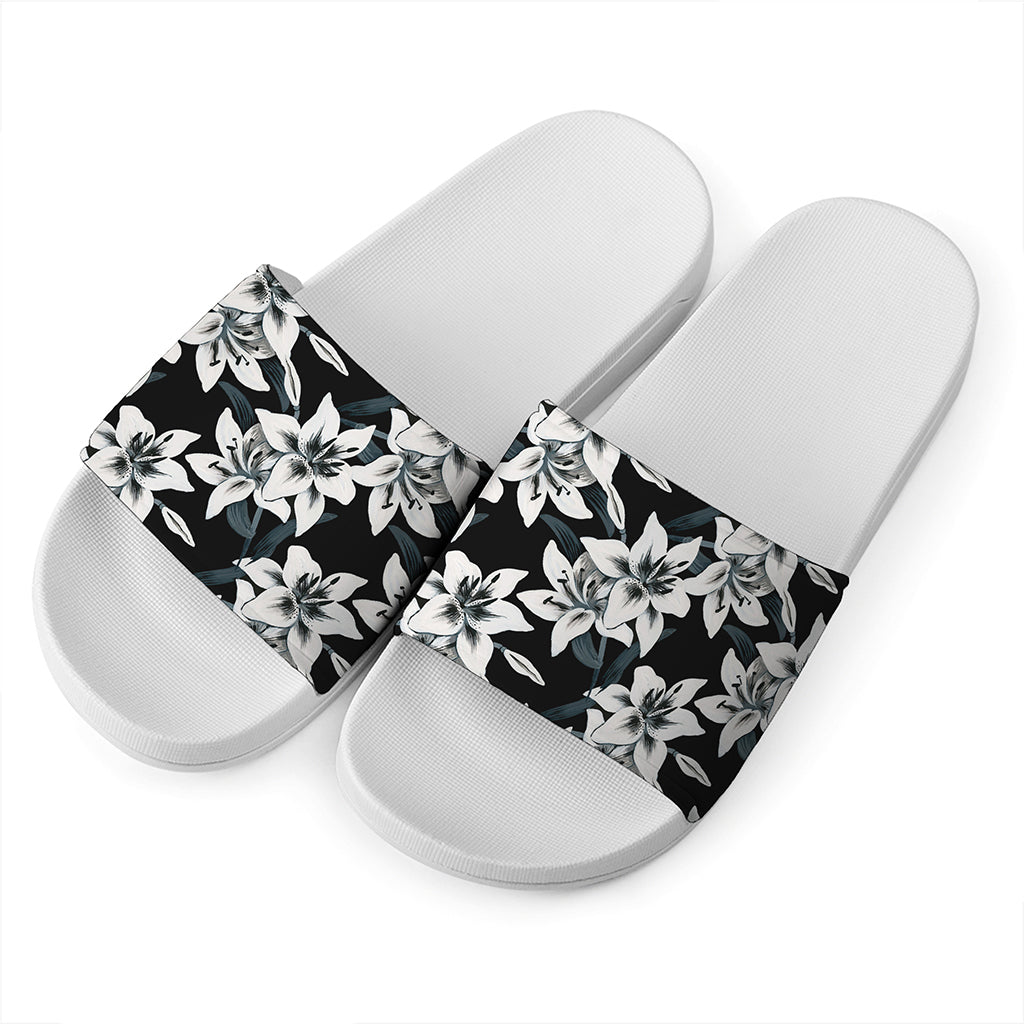 Lily Floral Pattern Print White Slide Sandals