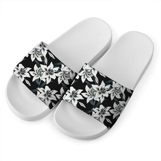 Lily Floral Pattern Print White Slide Sandals