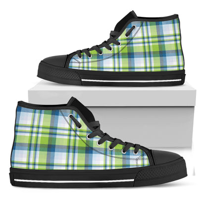 Lime And Blue Madras Plaid Print Black High Top Shoes