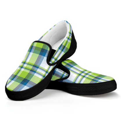Lime And Blue Madras Plaid Print Black Slip On Shoes