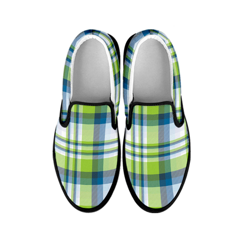 Lime And Blue Madras Plaid Print Black Slip On Shoes