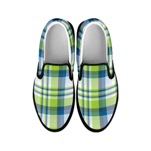 Lime And Blue Madras Plaid Print Black Slip On Shoes