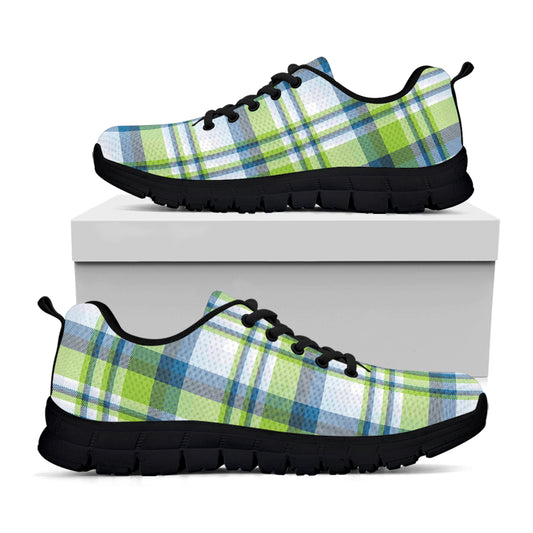 Lime And Blue Madras Plaid Print Black Sneakers