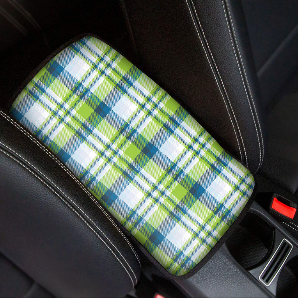 Lime And Blue Madras Plaid Print Car Center Console Cover