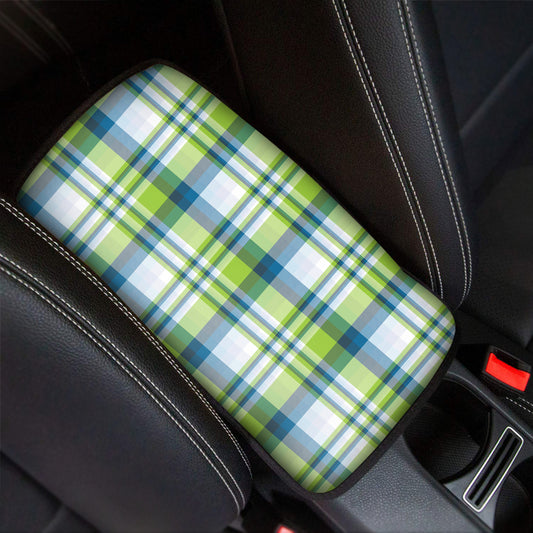 Lime And Blue Madras Plaid Print Car Center Console Cover