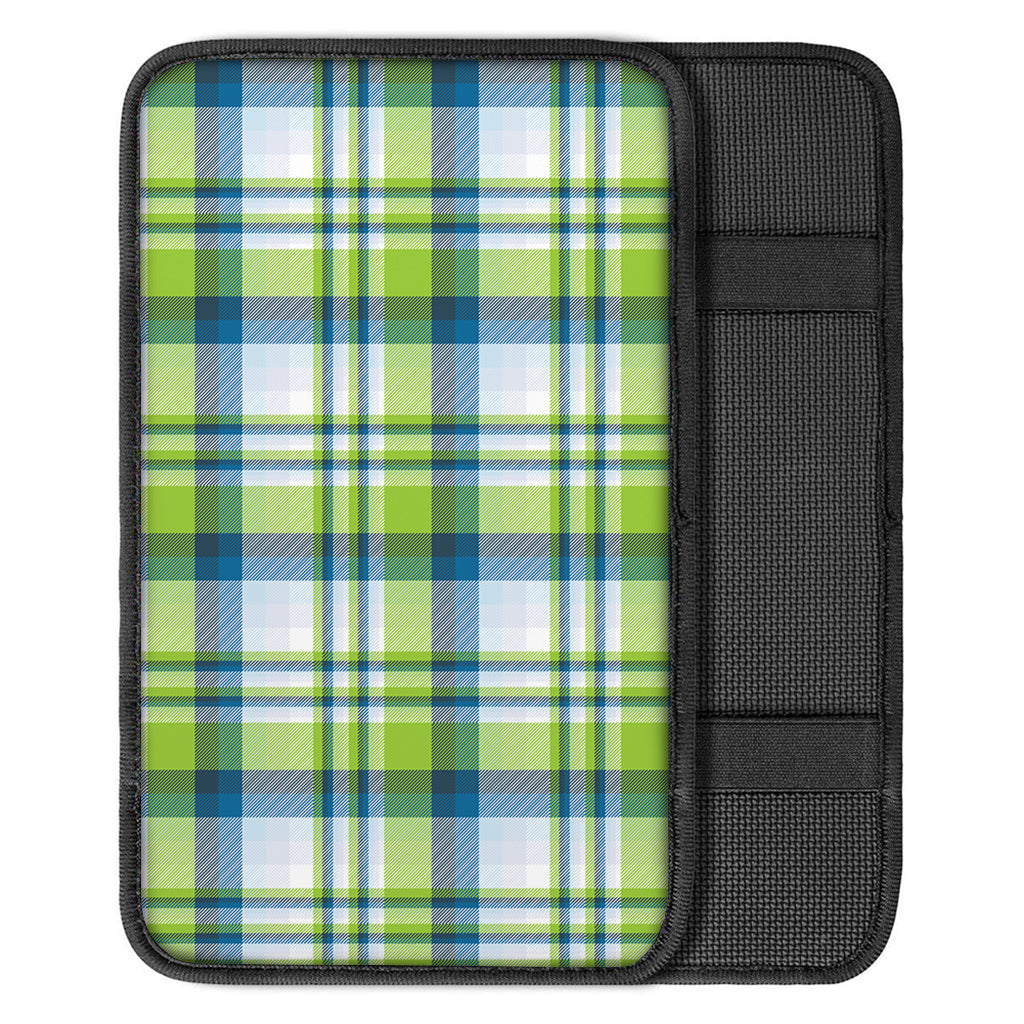 Lime And Blue Madras Plaid Print Car Center Console Cover