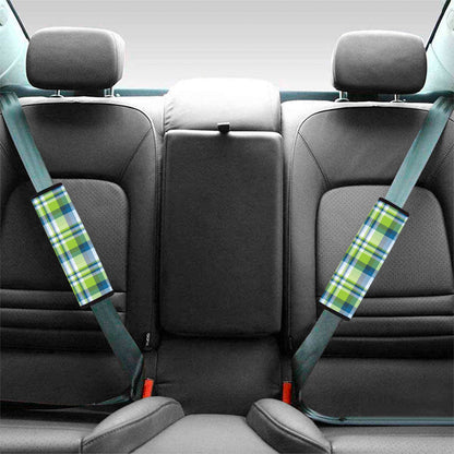Lime And Blue Madras Plaid Print Car Seat Belt Covers