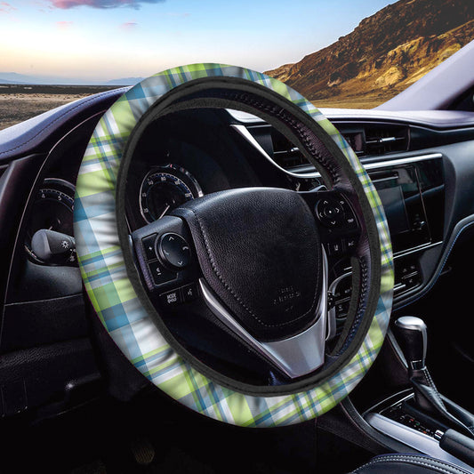 Lime And Blue Madras Plaid Print Car Steering Wheel Cover