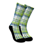 Lime And Blue Madras Plaid Print Crew Socks