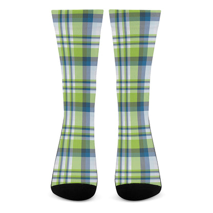 Lime And Blue Madras Plaid Print Crew Socks
