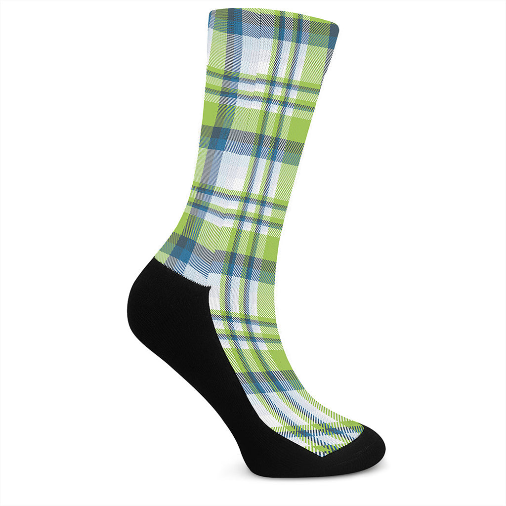 Lime And Blue Madras Plaid Print Crew Socks
