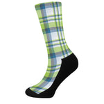 Lime And Blue Madras Plaid Print Crew Socks