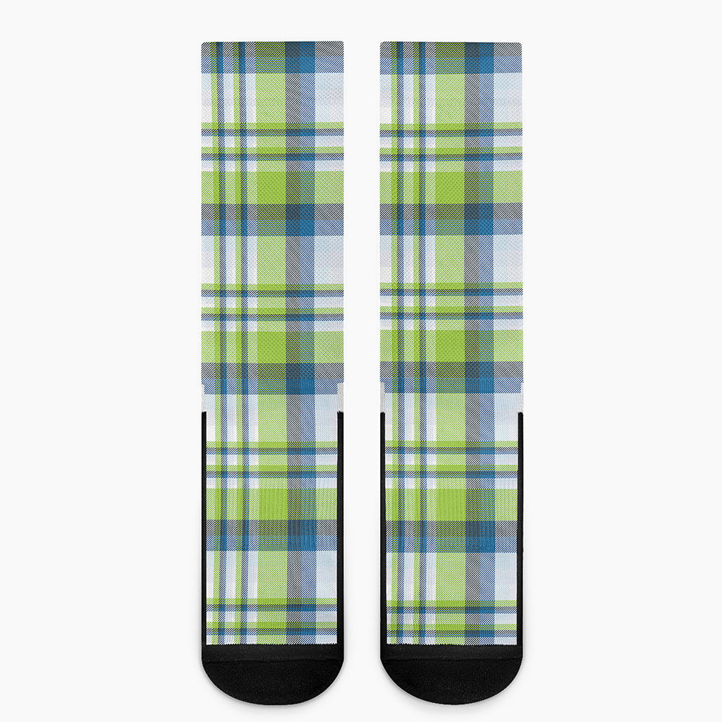 Lime And Blue Madras Plaid Print Crew Socks