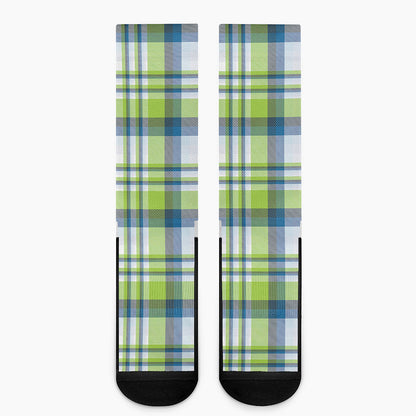 Lime And Blue Madras Plaid Print Crew Socks