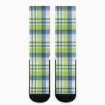 Lime And Blue Madras Plaid Print Crew Socks