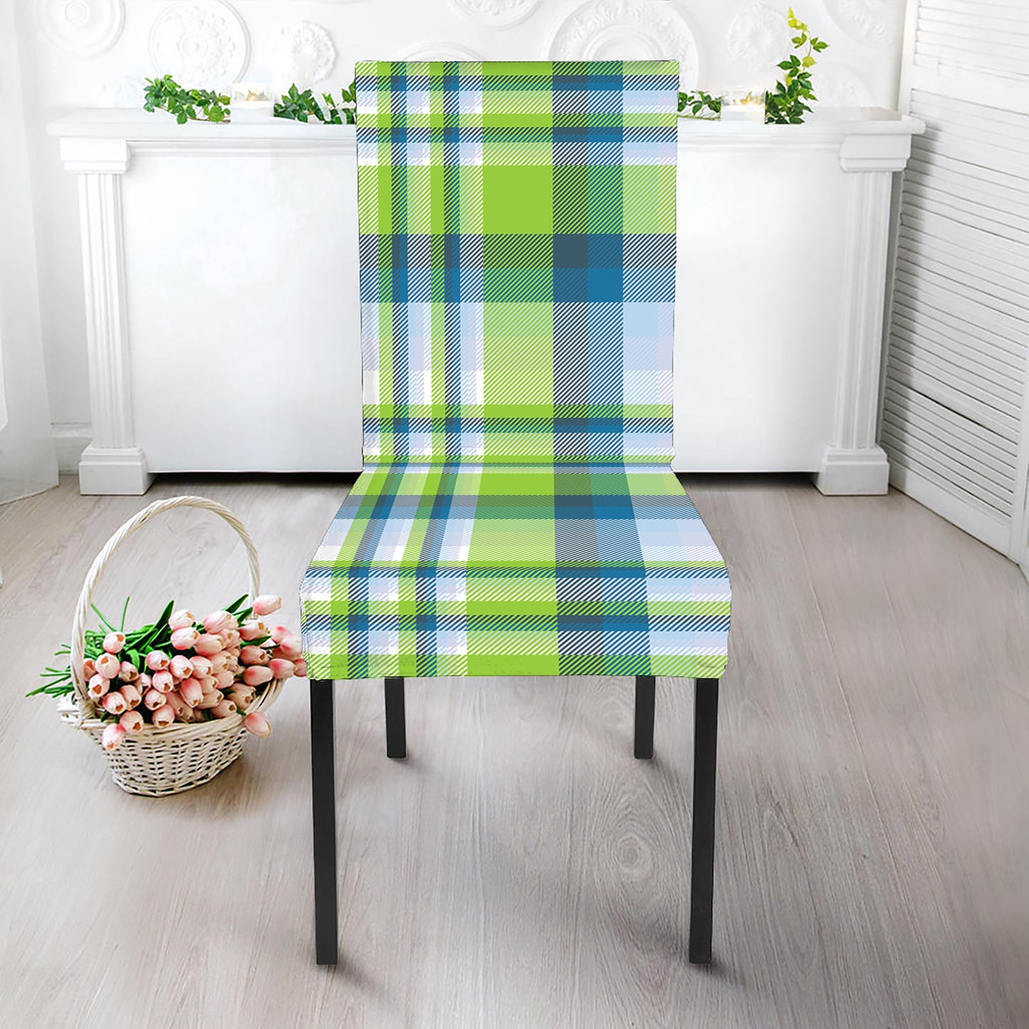 Lime And Blue Madras Plaid Print Dining Chair Slipcover