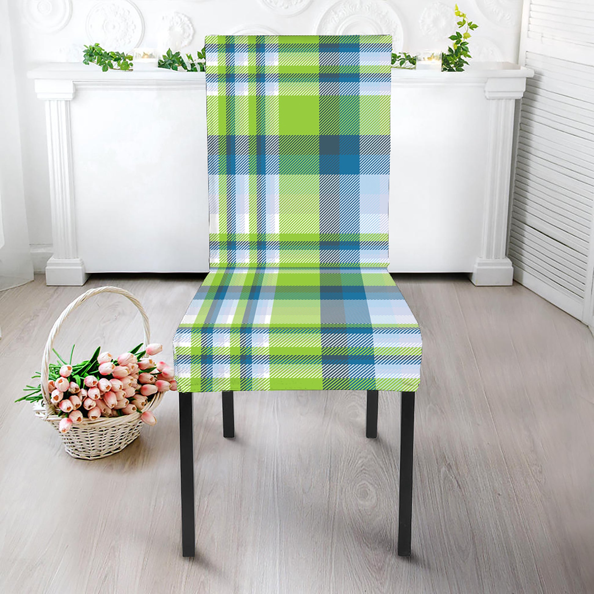 Lime And Blue Madras Plaid Print Dining Chair Slipcover