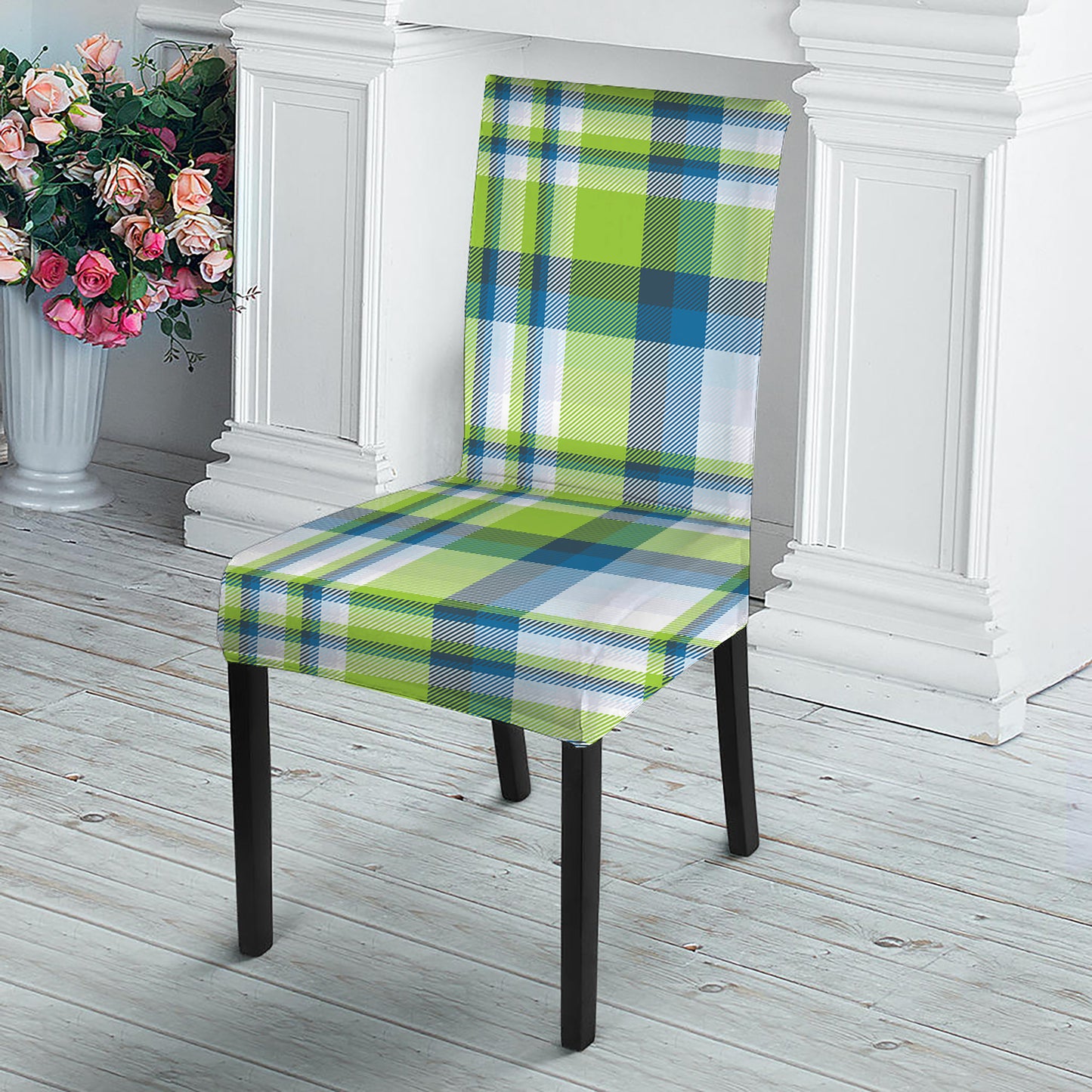 Lime And Blue Madras Plaid Print Dining Chair Slipcover
