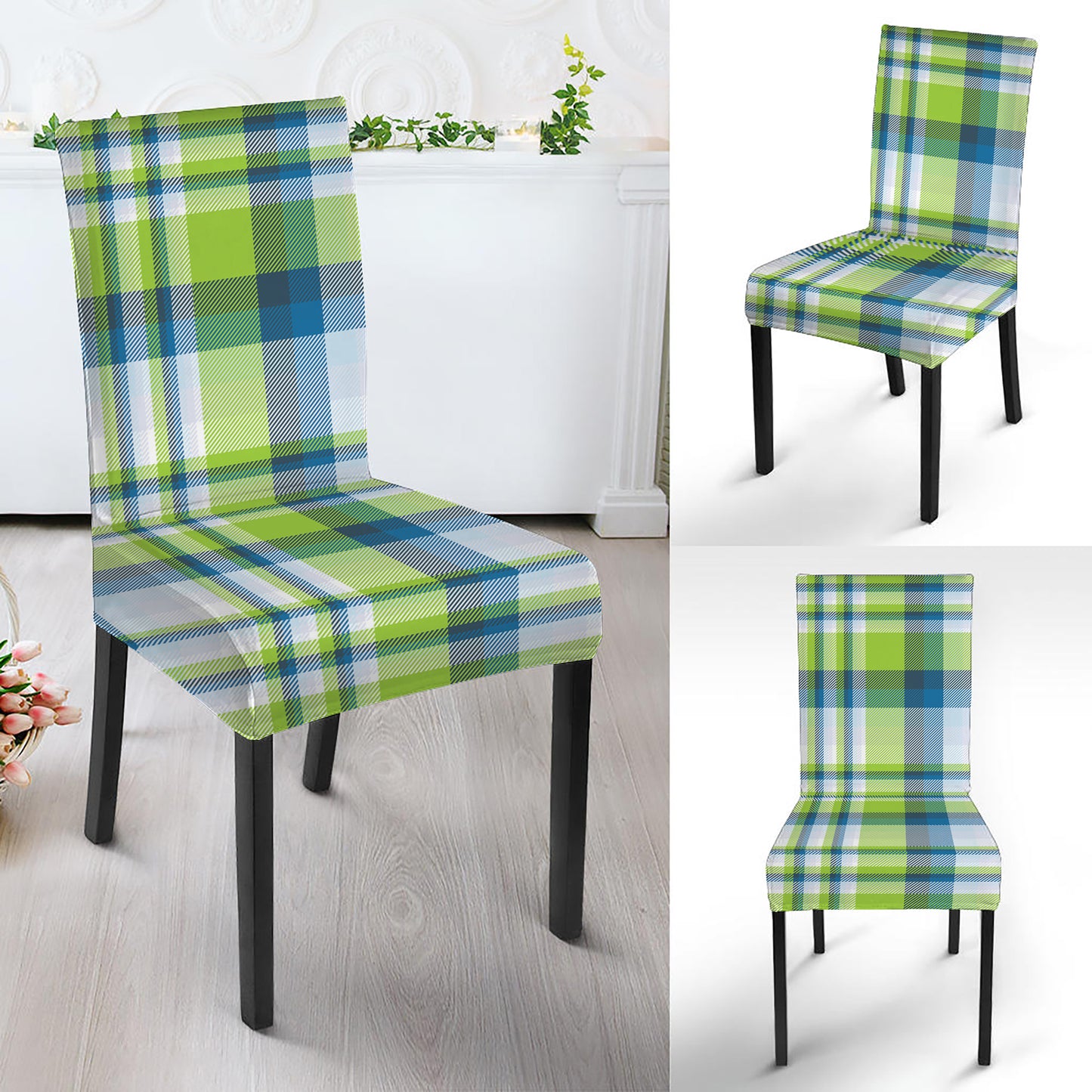 Lime And Blue Madras Plaid Print Dining Chair Slipcover
