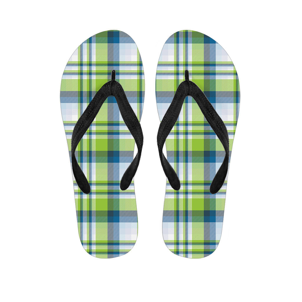 Lime And Blue Madras Plaid Print Flip Flops