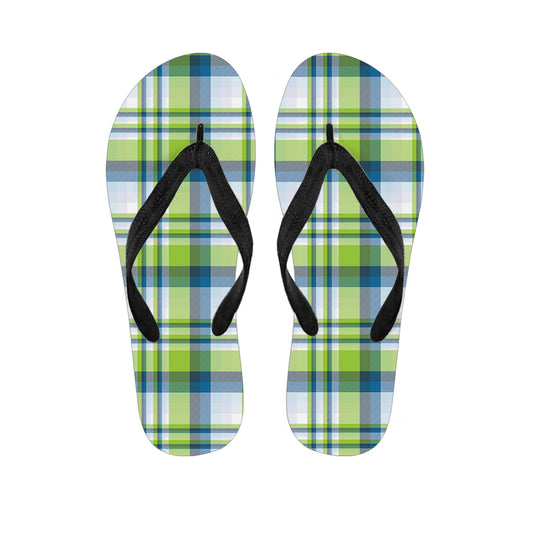 Lime And Blue Madras Plaid Print Flip Flops