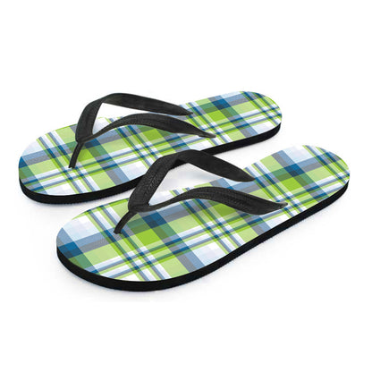 Lime And Blue Madras Plaid Print Flip Flops