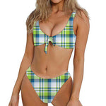 Lime And Blue Madras Plaid Print Front Bow Tie Bikini