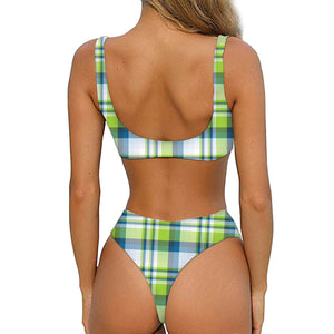 Lime And Blue Madras Plaid Print Front Bow Tie Bikini
