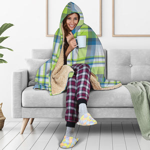 Lime And Blue Madras Plaid Print Hooded Blanket