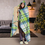 Lime And Blue Madras Plaid Print Hooded Blanket